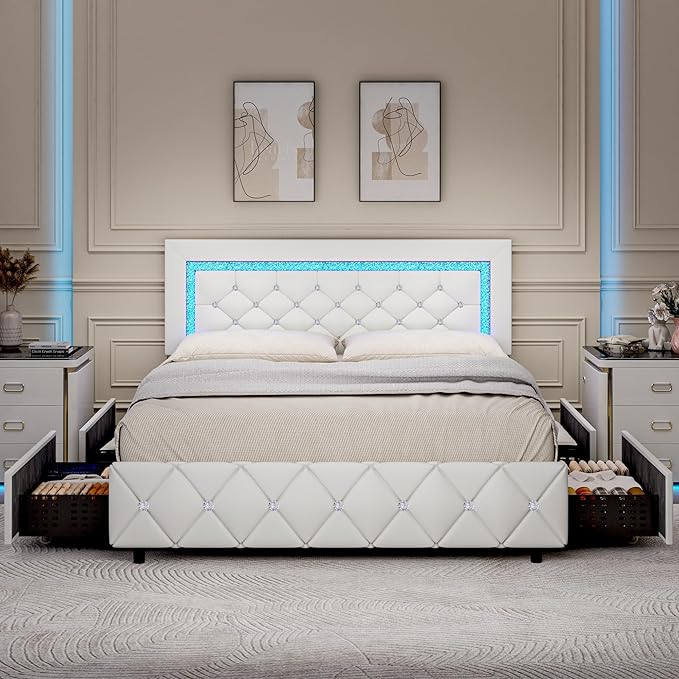 BarnFurin Queen Bed Frame with LED Lights, Upholstered Bed Frame with Storage Drawers, Princess Platform Bed with Diamond Headboard and Footboard, No Box Spring Needed, White