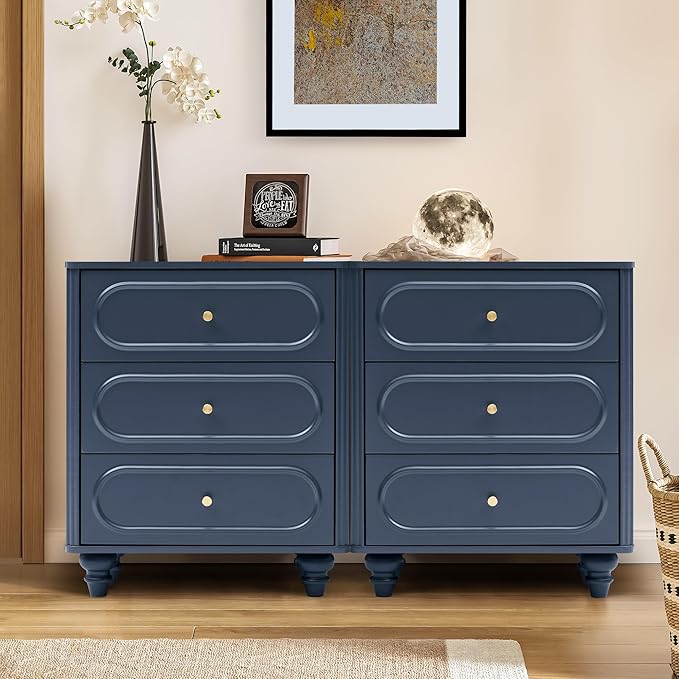 3 Drawer Fluted Dresser for Bedroom Set of 2, Mid Century Modern Chest of Drawers, Wood Storage Small Dresser Organizer for Bedroom Living Room Hallway Closet, Blue