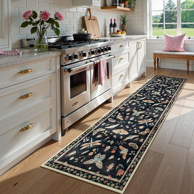 Lahome Insect Hallway Runner Rug, 2'5''x8' Ultra-Thin Washable Runners for Hallways Kitchen, Soft Laundry Room Rug Non-Slip Long Carpet for Entryway Bedroom Bathroom, Black