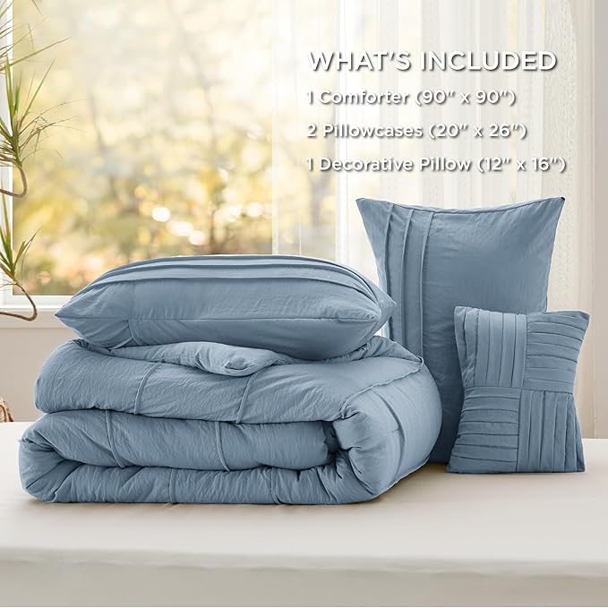 Bedsure Queen Comforter Set - 4 Pieces Pinch Pleat Bed Set, Light Blue Boho Bedding for All Season, 1 Soft Comforter, 2 Pillowcases, 1 Decorative Pillow