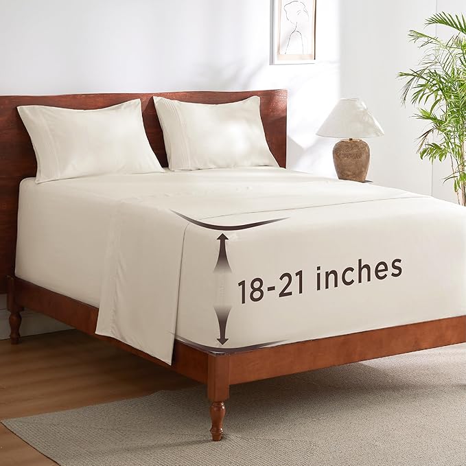 Bedsure Deep Pocket Queen Sheets Set - Fits Mattresses Up to 21 Inches Thick - 4 Piece GentleSoft Bed Sheets, Moisture Wicking, Soft & Cooling Bedsheet & Pillowcases, Easy & Secure Fit, Ivory