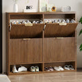 Fluted Shoe Cabinet Storage with 4 Flip Drawers, Narrow Shoe Storage Organizer for Entryway, Hidden Slim Wooden Shoe Rack Cabinet for Front Door Entrance, Hallway, Living Room (4-Drawer, Walnut)