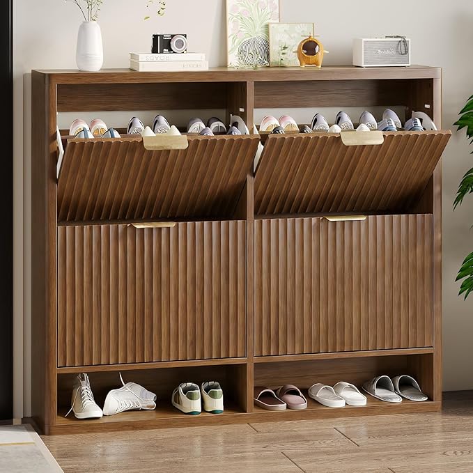 Fluted Shoe Cabinet Storage with 4 Flip Drawers, Narrow Shoe Storage Organizer for Entryway, Hidden Slim Wooden Shoe Rack Cabinet for Front Door Entrance, Hallway, Living Room (4-Drawer, Walnut)