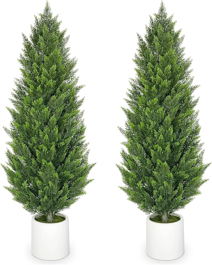 Briful 2PCS 5ft Artificial Cedar Topiary Trees in White Planter – Tall Faux Evergreen Potted Plants, Indoor Outdoor Fake Shrubs, Lifelike Fake Trees for Home, Office, Patio, Porch, Entryway