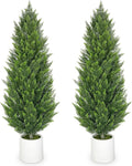 Briful 2PCS 5ft Artificial Cedar Topiary Trees in White Planter – Tall Faux Evergreen Potted Plants, Indoor Outdoor Fake Shrubs, Lifelike Fake Trees for Home, Office, Patio, Porch, Entryway