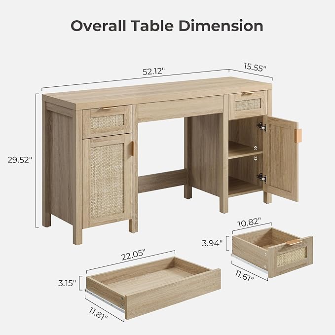 SICOTAS Rattan Vanity Home Office Desk - 52" Large Farmhouse Boho Makeup Vanity Dressing Table with 3 Drawers & 2 Storage Cabinets, Vanities Desk for Makeup Room, Bedroom, Home Office, Light Oak