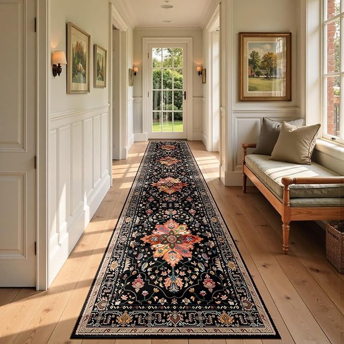 Area Rugs 2'6''x10' Washable Non-Slip, Floral Vintage Distress Print Pattern Medallion Carpet for Living Room Bedroom Dining Room, Black Colorful Floral Dark Tan
