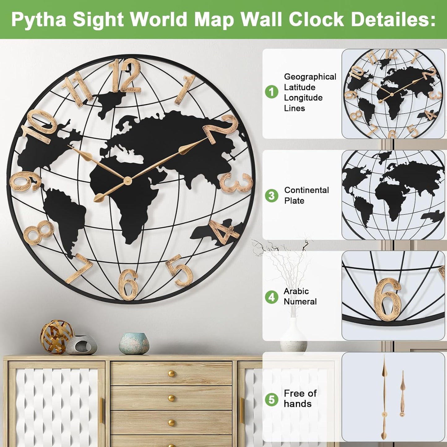 36 Inch Extra Giant Oversized Black Metal Wall Clock,Large Modern Decorative Silent World Map Wall Clock with Vintage Gold Arabic Numeral for Living Room,Entrance Fireplace,Dining Room Decor