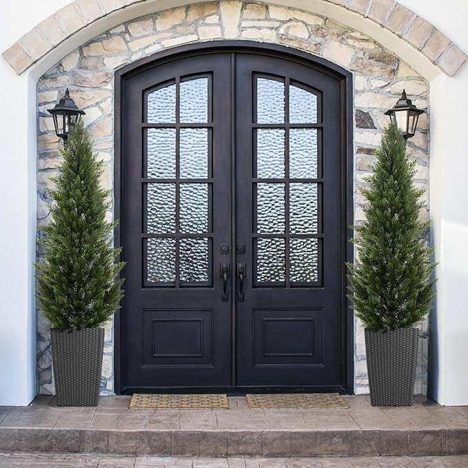 Outdoor Artificial Cedar Topiary Tree, Faux Evergreen Shrubs for Front Porch Decor, Lifelike Fake Bushes Plants for Home Living Room Front Door Decor (2, 6ft)