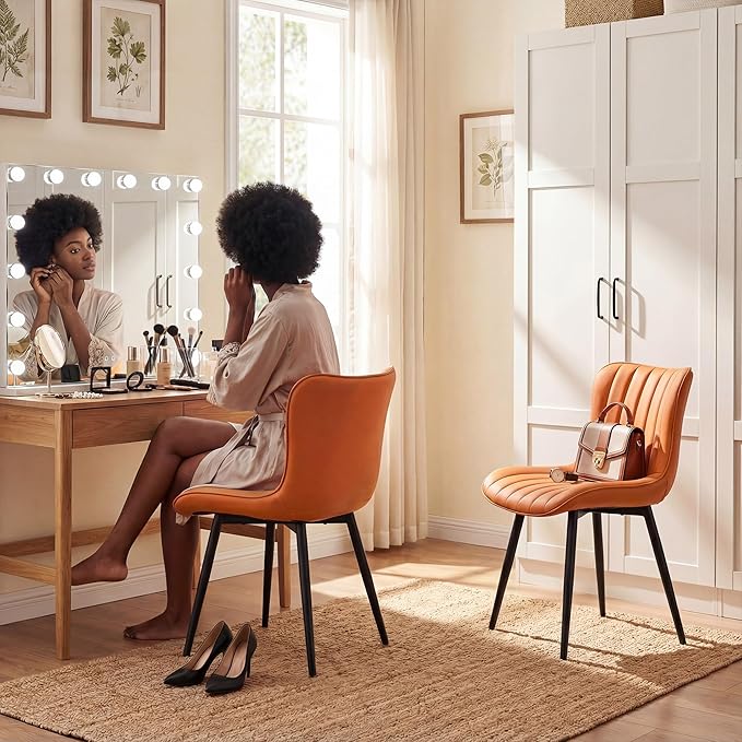 YOUNUOKE Dining Chairs Set of 2 Camel Mid Century Modern Kitchen Chairs Armless Faux Leather Upholstered Dinner Side Chair with Back for Guest Reception Living Room, Matte Orange