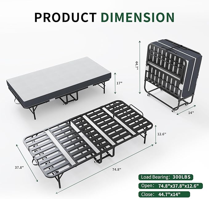 75" x 38" Twin Folding Bed with 3.7" Memory Foam Mattress, Portable Foldable Extra Bed, Rollaway Bed for Guests, and Sturdy Metal Frame