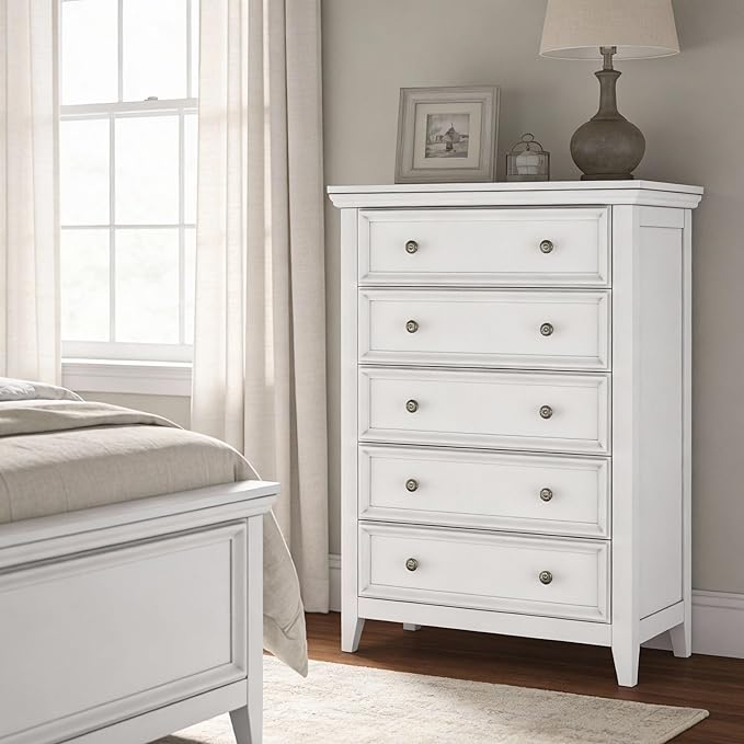 White Dresser for Bedroom,5 Chest of Drawers Dresser,Tall Nightstand Modern Clothes Organizer Cabinet Dressers for Bedroom,Closets,Hallway