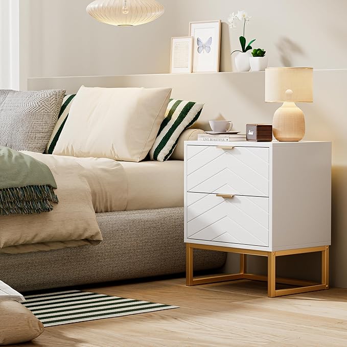 Anbuy Morden 9 Drawer Dresser and Nightstand Sets for Bedroom, Night Stand Set of 2 & 9 Drawer Dresser with Gold Handles, Morden Wood Chest of Drawers Storage Cabinet Set, White