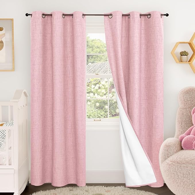 Baby Pink Linen Blackout Curtains 84 Inch Long for Living Room Narrow Window, 38 Inch Wide Thermal Insulated Light Blocking Small Curtains for Girls Bedroom Kids Nursery, 38x84 Inch 2 Panels