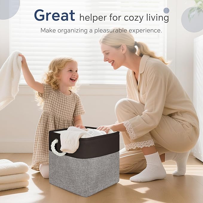 Fabric Cubes Storage Basket, 6 Pack 11x11 in with Handles Cube Storage Bins, for Shelves, Home, Office Organizers (Black/ Gray)