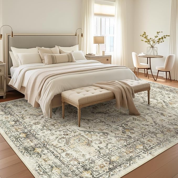zesthome 8x10 Area Rugs for Living Room,Non-Slip Backing Washable Rugs,Vintage Large Area Rug，Stain Resistant Home Decor Rug (Beige/Brown,8'x10')