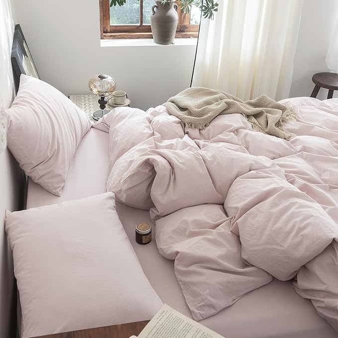FOSSA Duvet Cover Set 100% Washed Cotton Linen Feel Super Soft Breathable Cozy 3 Pieces Bedding Sets Solid Greyish Pink Queen