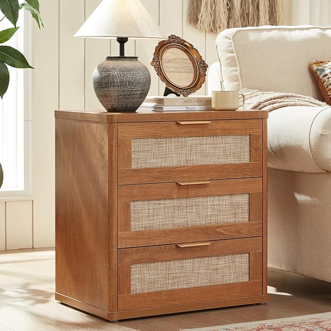 LEYAOYAO Rattan Dresser and Nightstand Sets 3, Boho Wood Dresser for Bedroom with 6 Drawers and Night Stand with 3 Drawer, Bedroom Furniture, Dressers & Chests of Drawers, Living Room, Hallway