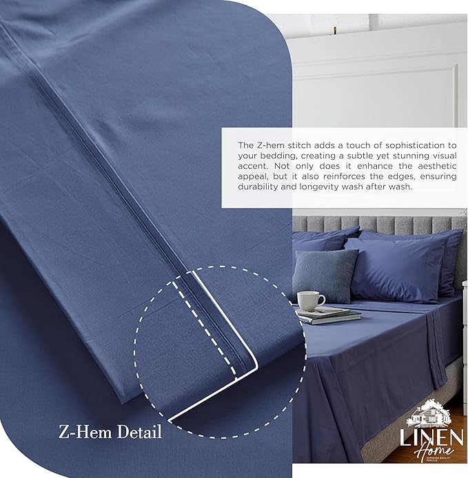Linen Home 100% Cotton Percale Sheets California King Size,Dark Blue, Deep Pocket, 4 Pieces Set - 1 Flat, 1 Deep Pocket Fitted Sheet and 2 Pillowcases, Crisp Cool and Strong Bed Linen