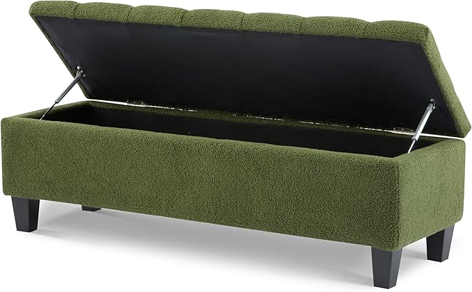 GDFStudio Boucle Storage Ottoman Bench with Button Tufting, 50.75” Upholstered Entryway Bench with Hidden Storage, Soft Close Lid, Rubberwood Legs, Extra Seating for Bedroom, Living Room – Green