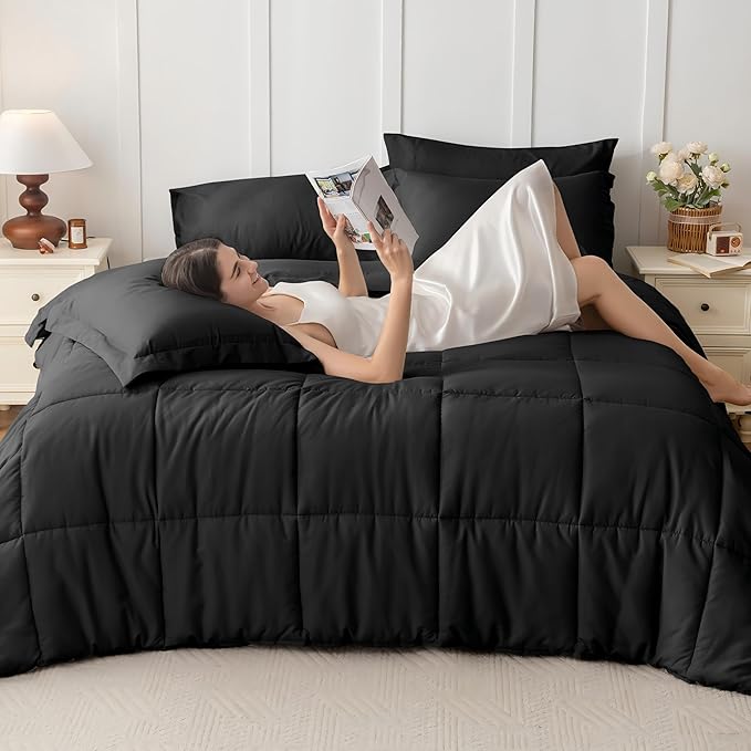 JOLLYVOGUE Oversized King Comforter Set, Ultra-Soft Bed in a Bag Oversized King Size 7 Pieces, Oeko-TEX Certified Bedding Set with Down Alternative Comforter, Sheets, Pillowcases & Shams, Black