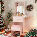 ARTETHYS Small Vanity Desk Set with 3 Adjustable Lighted Mirrors and Lights, Pink Makeup Vanities Set for Compact Space with Storage Stool White Dressing Table with Fold-up Panel for Bedroom