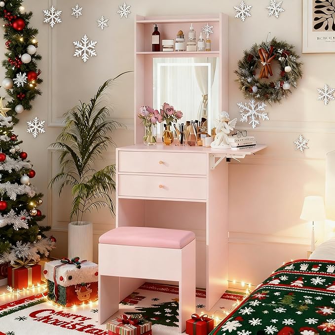 ARTETHYS Small Vanity Desk Set with 3 Adjustable Lighted Mirrors and Lights, Pink Makeup Vanities Set for Compact Space with Storage Stool White Dressing Table with Fold-up Panel for Bedroom