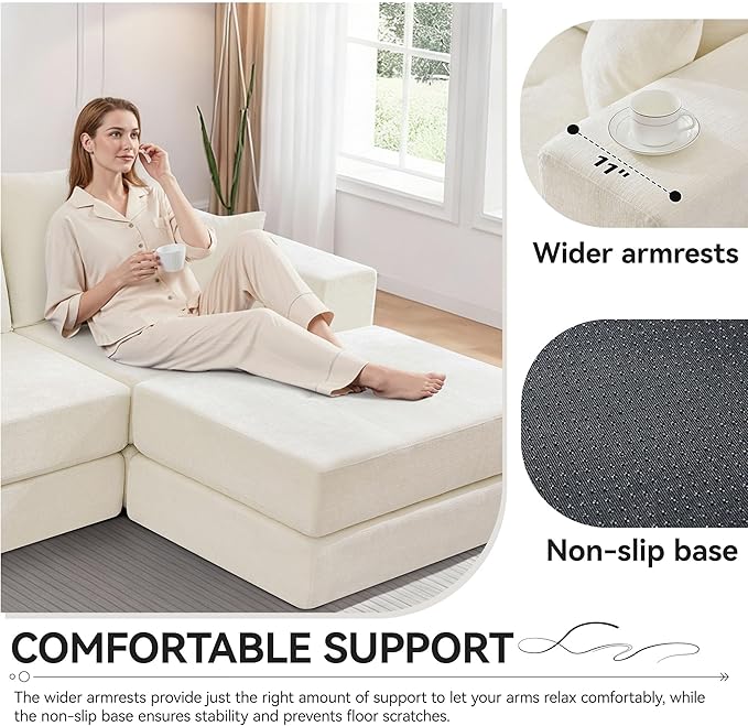 Boneless Sectional Loveseat Couch with Ottoman, Convertible Tufted Button Modular Floor Sleeper Sofa Bed, Comfy Foldable Compression Love Seat Sofa for Living Room, No Assembly, Beige
