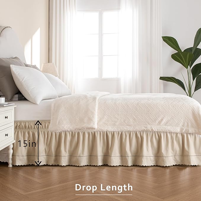 MIYE Wrap Around Ruffled Lace Bed Skirt, Elastic Dust Ruffle with Adjustable Belts, Easy to Put On, Bed Frame Cover, Machine Washable (Embroidered/Beige, Full/Twin-15 Drop)