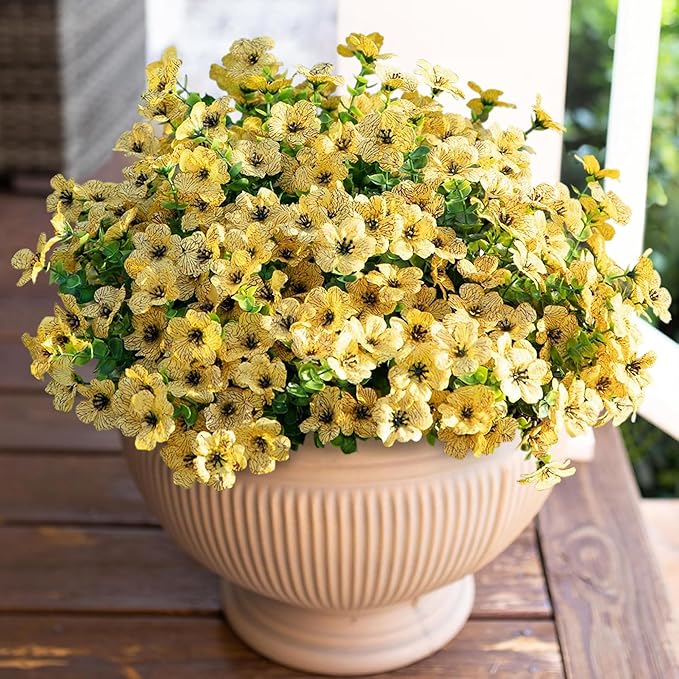 HyeFlora Artificial Fall Flowers Faux Mums for Outdoor Indoor Garden Home Decoration, Faux Flower Daisy with Eucalyptus Leaves Fake Plants Greenery Boxwood Porch Patio, 12 Bundles (Yellow)