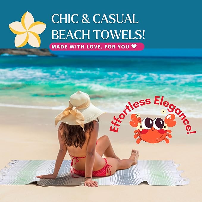 Native Fab Beach Towels Set - Green Striped Hammam Towel - 6 Pack - 40"x71" - Quick Dry, Absorbent, Thin, Sand Resistant - 100% Cotton Turkish Towel for Adults, Bath, Pool - Green and White