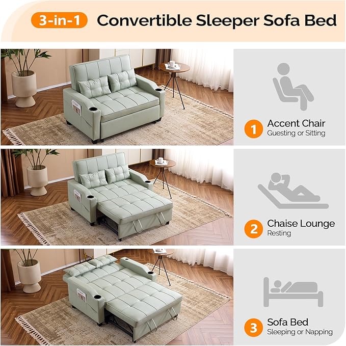 VINGLI Light Green Futon Sofa Bed Convertible Loveseat Sleeper Couch, Faux Leather Pullout Sofa Fold Out Couch Bed with USB Ports, Cup Holders, Armrest for Living Room, Bedroom Apartment Room