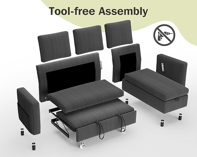 Vipbear 80" Sectional Sleeper Sofa Bed with Pull Out Bed, L Shaped Couch Pull Out Couch with Reclining Backrest, Reversible Storage Chaise, USB Ports, Tool-Free Assembly, Corduroy Grey