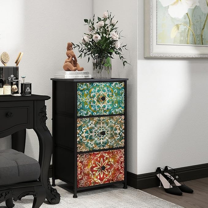 GiftGo Retro Dresser with Fabric Drawers Boho Mandala Flower Chest of Drawers Narrow Storage Tower for Small Spaces Gaps Bedroom Beautiful Nightstand Living Room Table (Mandala, 3 Drawers)