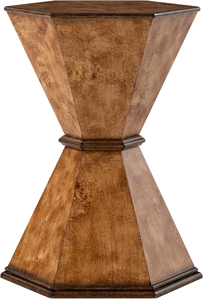 COZAYH Farmhouse Hexagonal Accent Table, Rustic Hourglass Design Side Table with Sculptural Geometric Base for Living Room or Bedroom, Natural Wood-Tone Finish, Brown