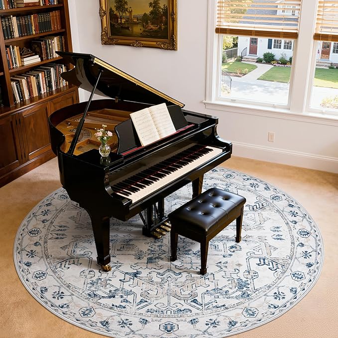 jinchan Lima Round Rug 8ft Vintage Machine Washable Area Rug Indoor Circle 8' Ultra-Thin Non-Slip Floral Print Carpet for Farmhouse Entryway Dining Room Living Room Bedroom Office (8'Round, Blue)