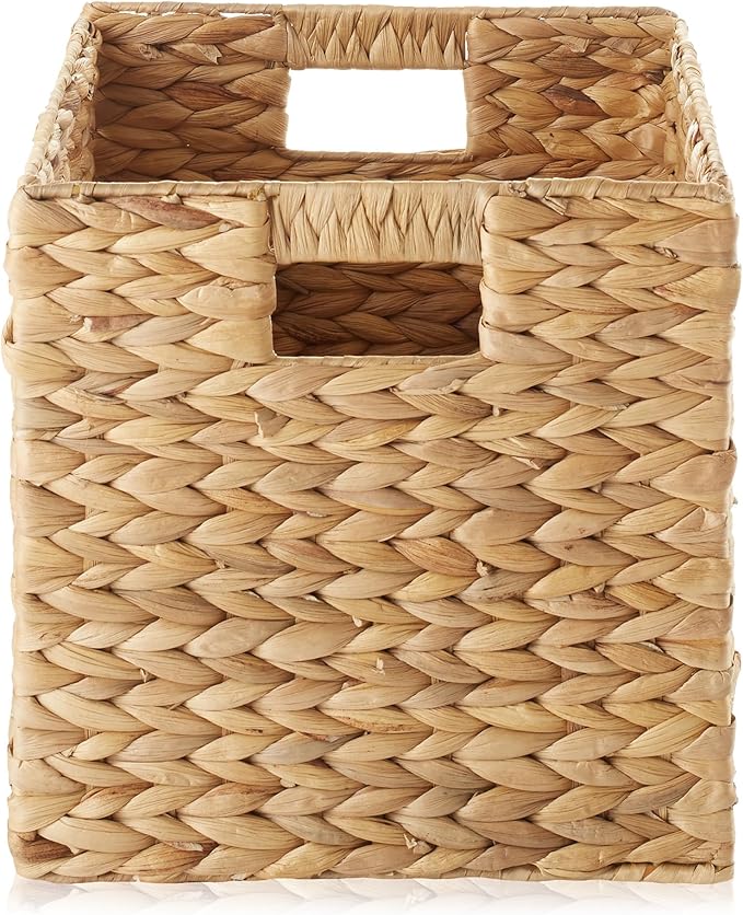 Casafield 10.5" x 10.5" Water Hyacinth Storage Baskets, Natural - Set of 6 Collapsible Cube Organizers, Woven Bins for Bathroom, Bedroom, Laundry, Pantry, Shelves