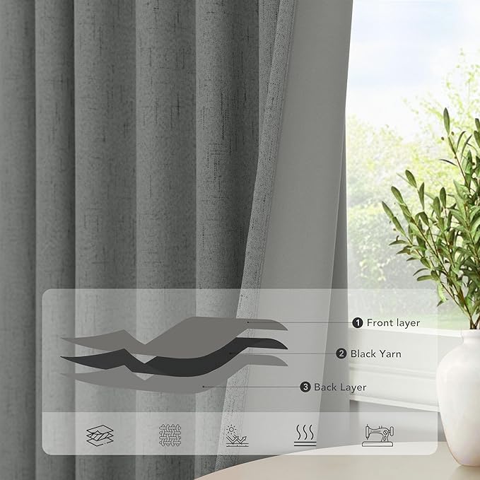 Dark Grey Curtains 108 Inches Long 2 Panels Set for High Ceiling Window Linen Textured Blackout Drapes for Living Room Bedroom Modern Farmhouse Black Out Curtains 9 FT Foot Length Slate Charcoal Gray