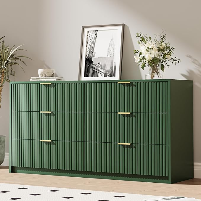 Green 6 Drawer Dresser for Bedroom, 55" Wide Modern Chest of Drawers with Gold Metal Handles, Fluted Wood TV Stand for Living Room, Hallway