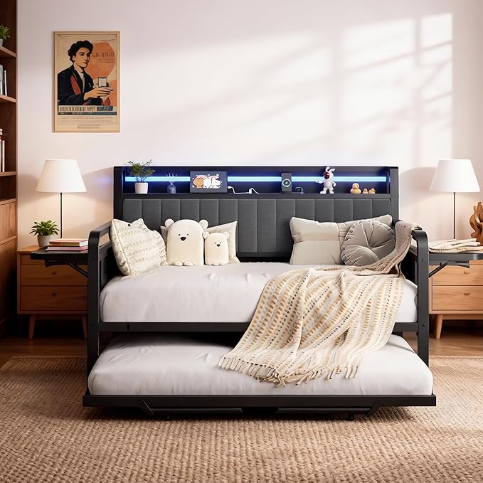 Daybed with Trundle, Twin Trundle Bed Frame - Metal Day Bed with LED Lights, Upholstered Storage Headboard & Charging Station, Pop Up Sleeper, Modern Design for Living Room and Guest Room-Black