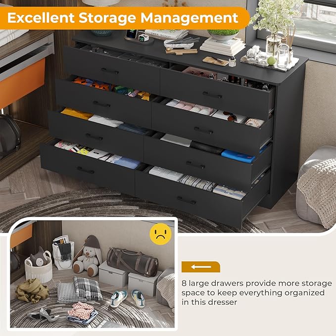 Hasuit 8 Drawer Dresser for Bedroom, Large Chest of Drawers with Charging Station, 55.1'' Wide Storage Clothes Closet Organizer, Long Dresser TV Stand for Living Room, Black