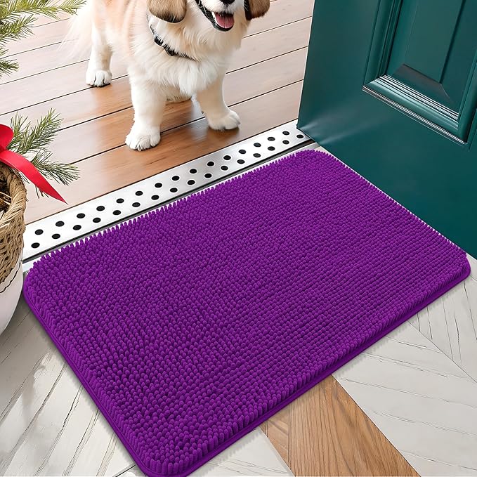 OLANLY Dog Door Mat for Muddy Paws 30x17, Absorbs Moisture and Dirt, Absorbent Non-Slip Washable Doormat, Quick Dry Chenille Mud Mat for Dogs, Entry Indoor Entryway Carpet for Inside Floor, Purple