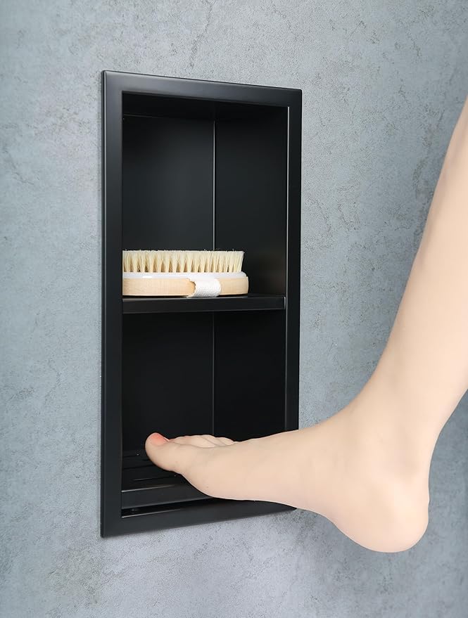 Shower Foot Rest for for Shaving Legs,Double Bathroom Selves Niche Insert for Footrest,Foot Holder Bathroomr,Stainless Steel 304，Matte Black,12.2 in x 4.8 in x 3.9 in