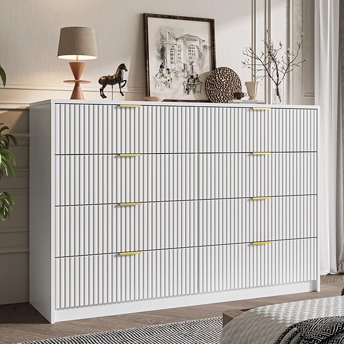 White Dresser for Bedroom, 8 Drawer Double Dresser, Modern Chest of Drawers for Bedroom, Living Room, Entryway and Closet, 55" L x 15.7" D x 37.4" H