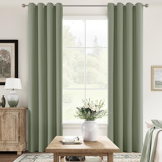ChrisDowa 100% Blackout sage Solid Curtains 84 Inches Long 2 Panels for Bedroom Living Room,Farmhouse Room Darkening Thermal Insulated Soundproof Grommet Top Window Treatment Drapes,52x84