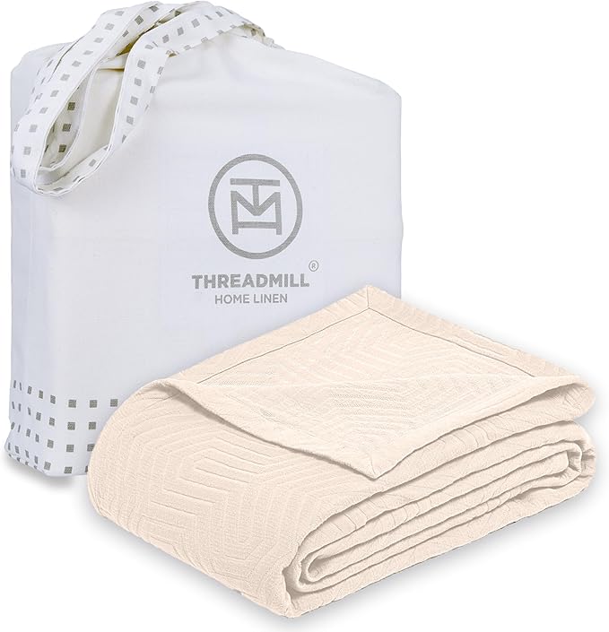 Threadmill Luxury Cotton Blankets for Queen Size Bed | All-Season 100% Cotton Queen Size Blanket | Aster Jacquard Cozy Lightweight, Soft Breathable Coverlet fits Full Size Bed, 90x92 | Vanilla Cream