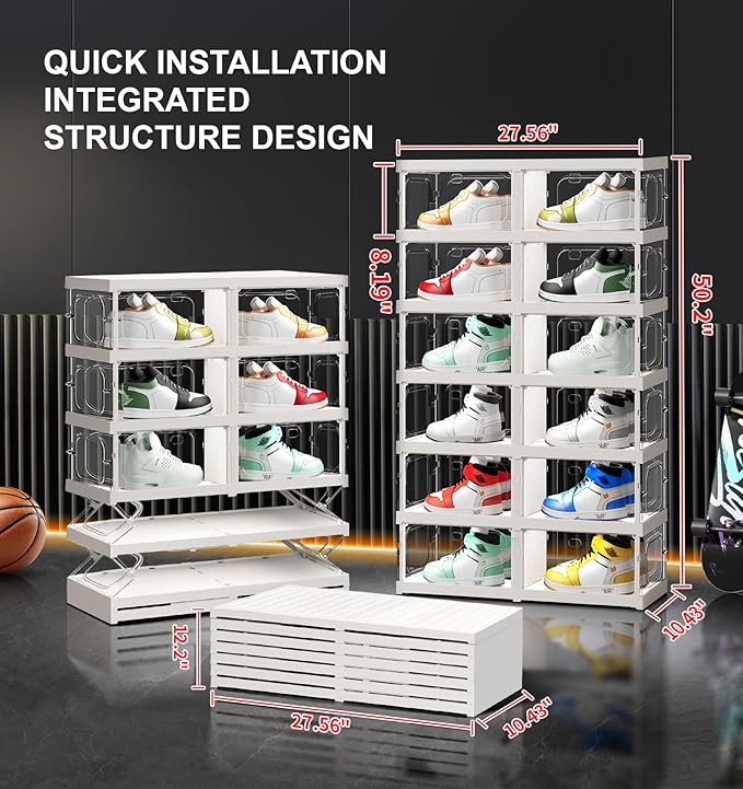 6-Tier 12-Pairs Foldable Shoe Rack with Magnetic Doors,4-Sided Clear Design,Taller Storage for High Shoes & Sneakers,Stackable Shoe Storage Cabinet Space-Saving Organizer for Closet,Cloakroom