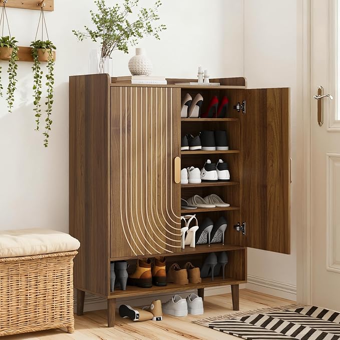Smuxee Walnut Shoe Cabinet with Line Groove Design, 6-Tier Shoe Storage Cabinet with Adjustable Shelves, Freestanding Shoe Organizer Cabinet for Entryway, Hallway, Closet, Living Room