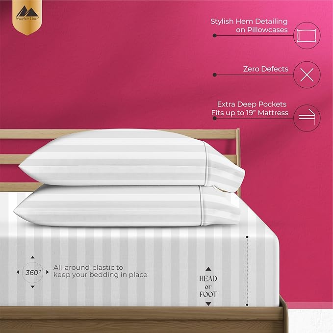Mayfair Linen 100% Egyptian Cotton Sheets King Size - 1200 Thread Count King Size Sheets Set Egyptian Cotton, 4 PC Damask Luxury Bedsheet, Soft Cooling, 17" Deep Pocket Sateen Weave - White Stripe