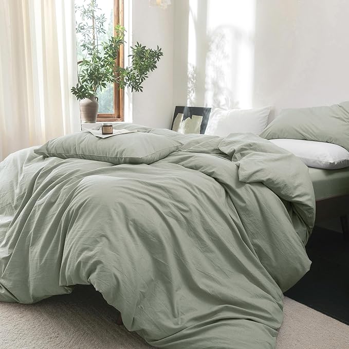 FOSSA Duvet Cover Set 100% Washed Cotton Linen Feel Super Soft Breathable Cozy Simple Style 3 Pieces Bedding Sets Solid Sage Green Oversized King Plus